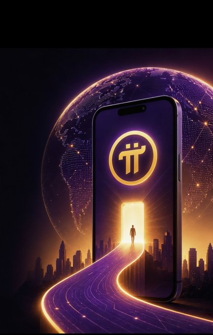 A stylized digital artwork showing a smartphone displaying a golden Pi (π) cryptocurrency logo, with a figure walking toward a glowing doorway emerging from the phone screen.