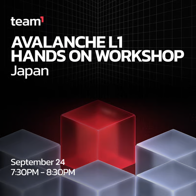 A promotional graphic for 'team1 AVALANCHE L1 HANDS ON WORKSHOP Japan' scheduled for September 24, 7:30PM - 8:30PM, featuring glowing red and white 3D cubes.
