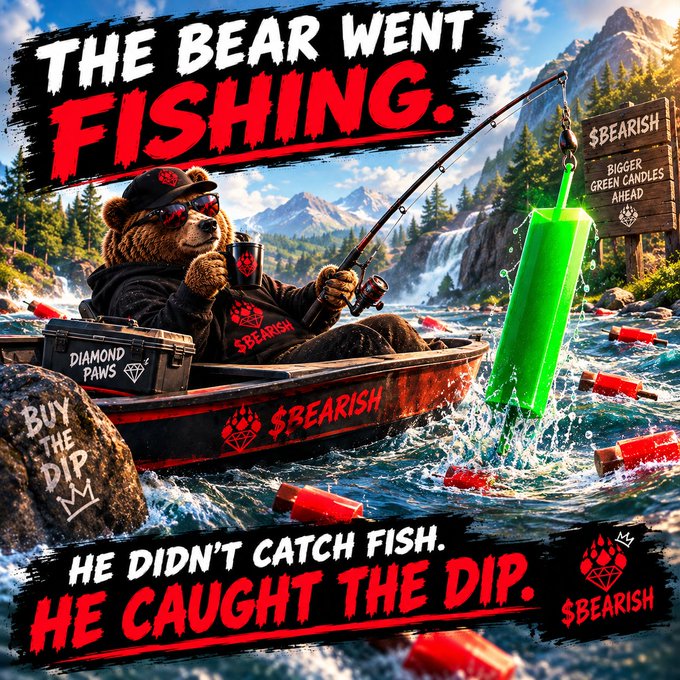 A promotional graphic titled "THE BEAR WENT FISHING" features a bear fishing in a boat, catching a green candle with the text "HE DIDN'T CATCH FISH. HE CAUGHT THE DIP" and the brand "SBEARISH" along with messages like "BUY THE DIP" and "BIGGER GREEN CANDLES AHEAD."