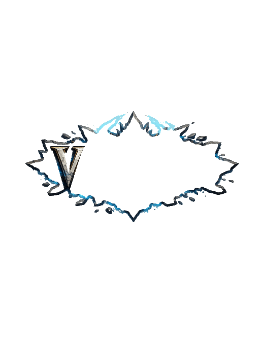 A stylized, jagged-edged speech bubble outlined in electric blue contains a metallic silver "V" symbol against a black background. The image serves as a minimalist logo for the Solana-based MMORPG teased in the caption, with the bold "V" likely standing as the project's emblematic branding tied to its upcoming open-world, player-driven economy game.