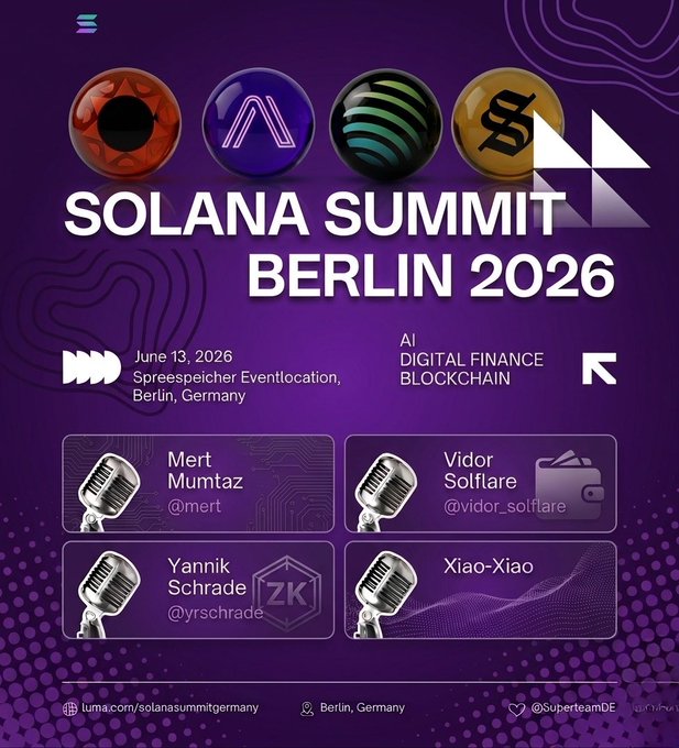 The image features a purple background with white text that reads "Solana Summit Berlin 2026". Below this, there are six different microphones displayed, each labeled with a name or role related to the event. The text also includes mentions of social media handles such as @solana summit and #solana summit.