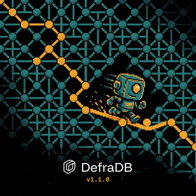 A stylized logo graphic for 'DefraDB v1.1.0' featuring a pixel-art robot character running along a diagonal path of orange nodes set against a geometric teal grid pattern on a black background.