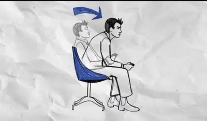 A simple line drawing on crumpled paper showing a man sitting in a blue chair, with an arrow indicating to move further back for proper posture.