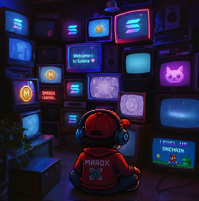 The image features a young boy sitting in front of multiple televisions, all displaying different channels with various advertisements. The boy appears to be wearing headphones while watching TV. The text "late at night... $MAROX discovered a strange signal coming from another world." is present in the image as well. This post seems to be related to the video game series "MAROX" and could possibly be discussing or speculating about the game's content, gameplay, or other aspects of the series.