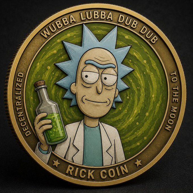 A bronze-colored collectible coin featuring Rick Sanchez from Rick and Morty holding a green portal gun bottle, with the text 'WUBBA LUBBA DUB DUB', 'TO THE MOON', 'DECENTRALIZED', and 'RICK COIN' inscribed around the edges.