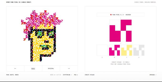 A pixel art puzzle interface displaying a colorful portrait labeled 'EVERY PUNK PIXEL IS A WHOLE CREDIT' alongside a Tetris-like mini-game with pink blocks.