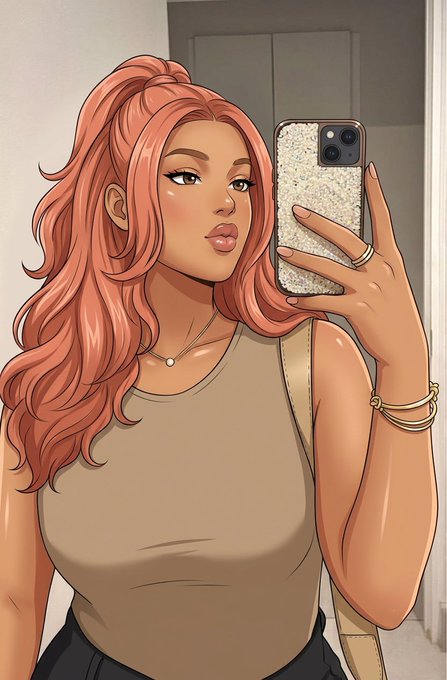 An illustration of a woman with long pink hair taking a mirror selfie with a glittery phone case, wearing a tank top, necklace, and gold bracelets.