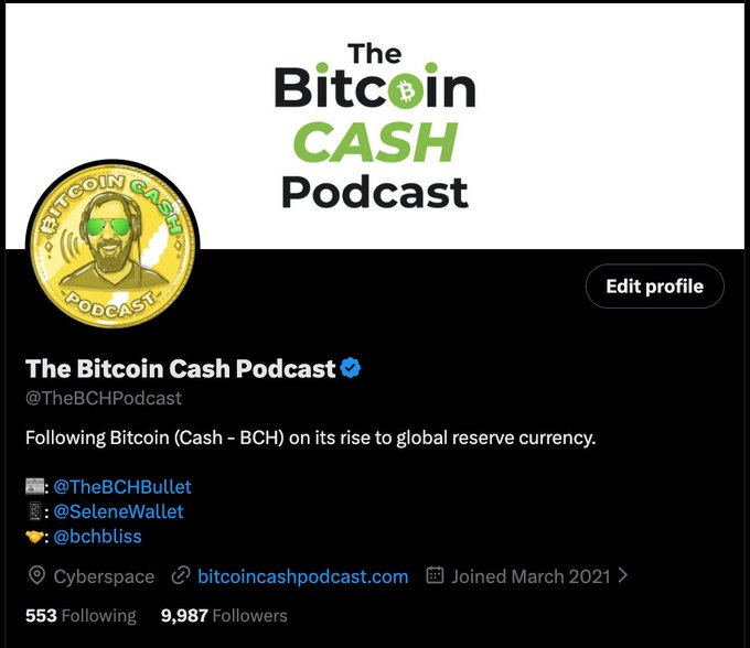 A profile page for 'The Bitcoin CASH Podcast' (@TheBCHPodcast) with a gold coin logo and the description 'Following Bitcoin (Cash - BCH) on its rise to global reserve currency.'