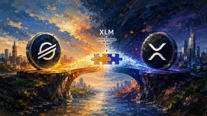 A painted illustration showing a bridge with puzzle pieces linking two giant coins—the Stellar (XLM) logo on the left and the XRP logo on the right—against a backdrop of city skylines merging into a sunset, with text reading "XLM NATIVE SETTLEMENT ON XRPL," symbolizing the new connection between Stellar and the XRP Ledger as enabled by Xora Finance for native XLM settlement.