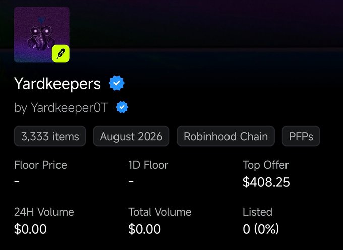 NFT collection page for 'Yardkeepers' by Yardkeeper0T, a verified Robinhood Chain PFP collection launching August 2026 with 3,333 items, showing 0% listed and a $408.25 top offer.