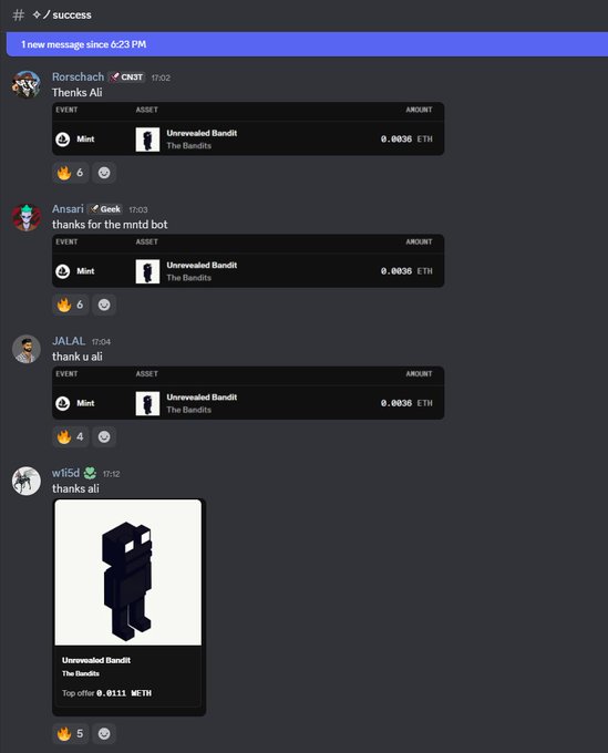 A Discord screenshot from #◇/success channel showing multiple users (Rorschach, Ansari, JALAL, and w15d) thanking "Ali" for the "Unrevealed Bandit" mint from "The Bandits" collection at 0.0036 ETH, with w15d's post displaying the top offer of 0.0111 WETH, illustrating the strong 3-4x price appreciation referenced in the caption.