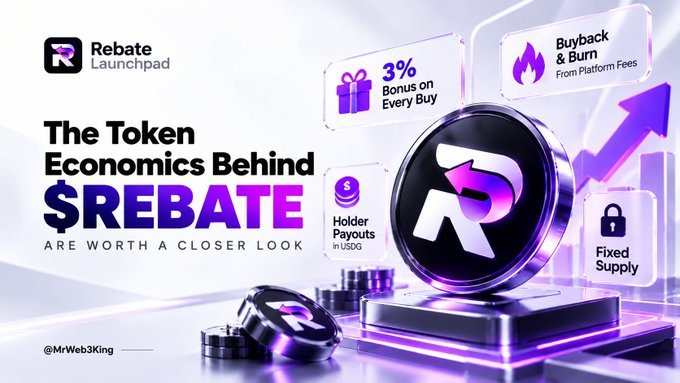 The image displays a promotional banner for Rebate Launchpad highlighting "$REBATE" token economics, featuring key features like 3% bonus on every buy, buyback & burn from platform fees, holder payouts in USDG, and fixed supply, surrounding an "R" logo. The graphic visually reinforces the post's message by illustrating the core tokenomics mechanics that make $REBATE stand out, showing how the token's value is tied to platform activity through bonuses, burns, and holder rewards.