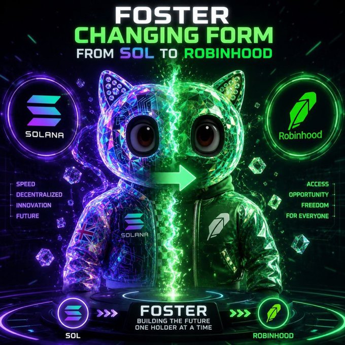 A promotional graphic titled "FOSTER CHANGING FORM FROM SOL TO ROBINHOOD" depicting a crystalline cat character split between Solana (purple) and Robinhood (green) themes with logos on each side.