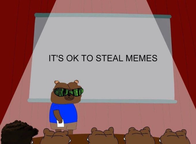 A cartoon bear wearing green sunglasses gives a presentation on a stage with a screen displaying 'IT'S OK TO STEAL MEMES'.