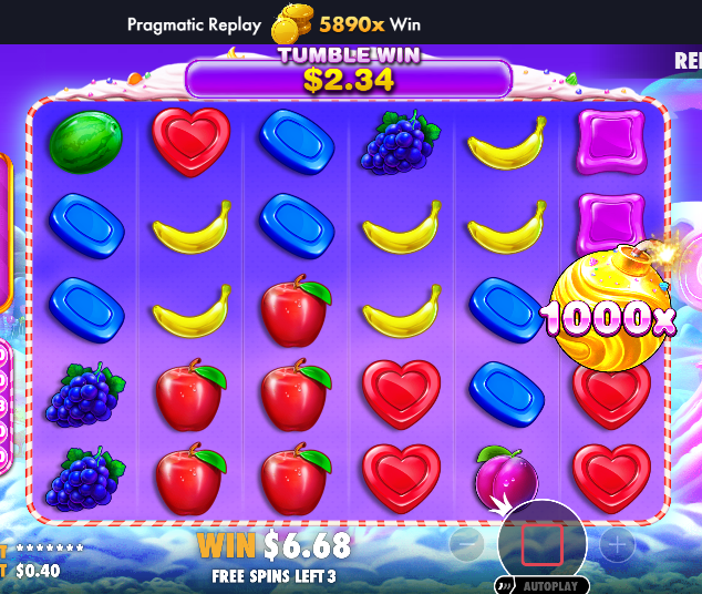 A screenshot of the 'Pragmatic Replay' slot machine game showing a 'TUMBLE WIN' of $2.34, a 1000x multiplier, a total win of $6.68, and 3 free spins remaining on a candy-themed grid.