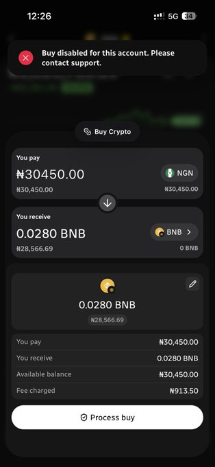 Another mobile 'Buy Crypto' screen shows a transaction to buy 0.0280 BNB for ₦30,450.00, with the same red banner stating 'Buy disabled for this account. Please contact support.'