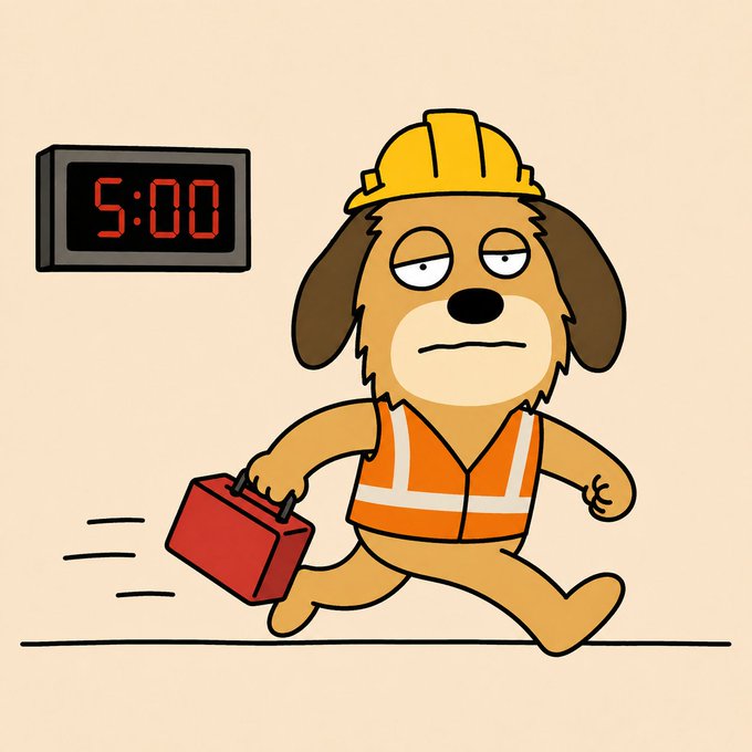 A cartoon dog wearing a yellow hard hat and an orange safety vest runs while carrying a red toolbox, next to a digital clock reading '5:00'.