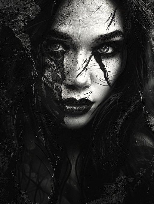 A dramatic black-and-white portrait of a woman with dark hair, intense eyes, dark lipstick, and black tears or paint streaks running down her face.