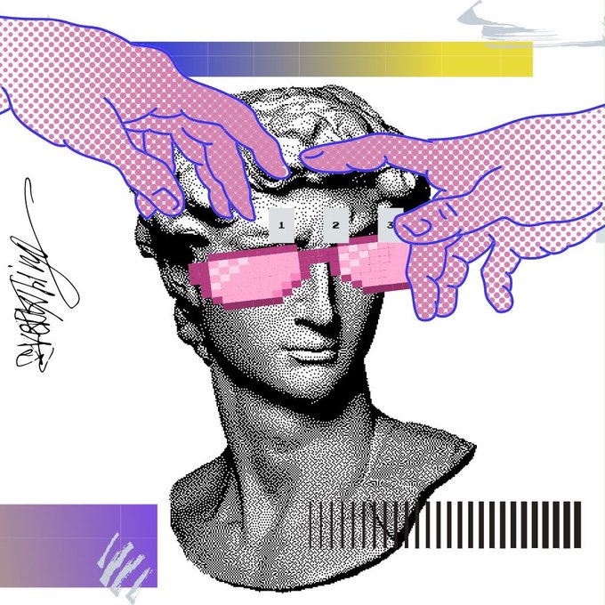 A glitch-style digital collage features a classical sculpture bust being touched on the forehead by two hands in pixelated pink halftones, with pixelated numbers "1," "2," and "5" and a pink censored bar across the eyes, alongside a barcode at the base—creating a surreal, cryptic aesthetic that aligns with the post's urgent call to mint "GLIT" tokens on Robinhood, evoking themes of digital disruption, verification ("Check"), and final opportunity ("No seat? No excuses").