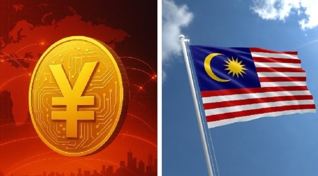 The image shows a golden digital yuan (¥) coin with circuit board patterns set against a red background on the left, alongside the Malaysian flag waving against a blue sky on the right. The split image visually represents the first cross-border digital yuan payment between China and Malaysia, highlighting the real-world adoption of government-backed digital currencies over retail-focused cryptocurrencies like Bitcoin.
