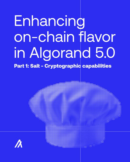 A blue poster titled 'Enhancing on-chain flavor in Algorand 5.0, Part 1: Salt - Cryptographic capabilities' featuring a halftone chef's hat graphic and the Algorand logo.