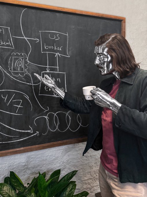 A person wearing a metallic silver face mask and matching silver gloves stands in front of a chalkboard, holding a white coffee cup while appearing to teach or present, with diagrams and the text 'US broker' and 'Clean Energy' drawn on the board.