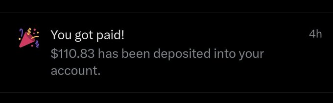 A payment notification on a dark background reading 'You got paid! $110.83 has been deposited into your account.' with a party popper icon and 4h timestamp.
