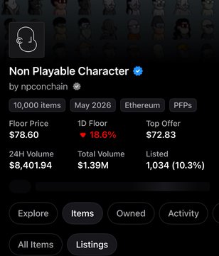 The image shows an NFT collection page for "Non Playable Character" by npconchain on Ethereum, displaying 10,000 items with a floor price of $78.60, a 1D floor decrease of 18.6%, and a top offer of $72.83. This directly relates to the post, which humorously suggests that $78 could buy a floor NFT from this collection, comparing it to alternatives like 2 units of $Racerz_eth.