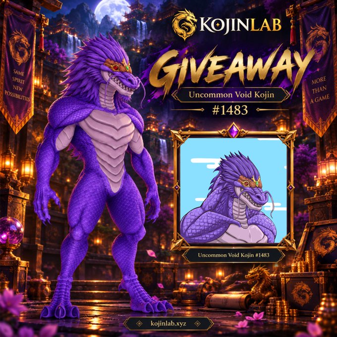 A promotional giveaway poster for KojinLab featuring an 'Uncommon Void Kojin #1483' - a muscular purple dragon-like humanoid character with a snake-headed bust portrait, set against an ornate fantasy backdrop with gold accents.
