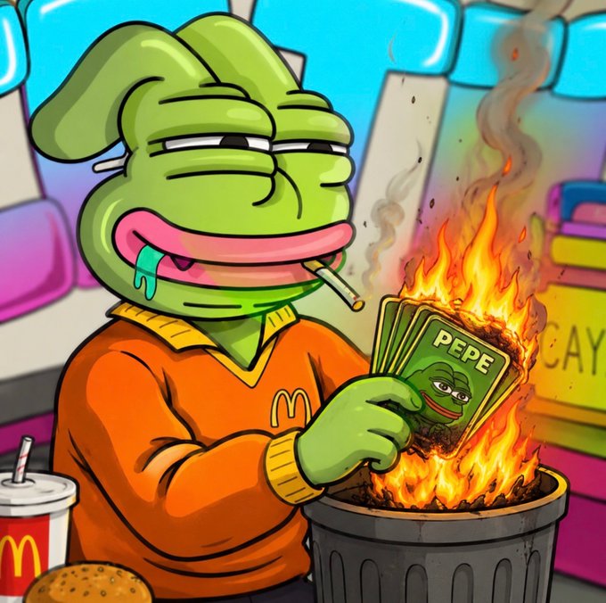 A cartoon Pepe the Frog character wearing a McDonald's uniform smokes a cigarette while burning Pepe-themed money in a trash can.
