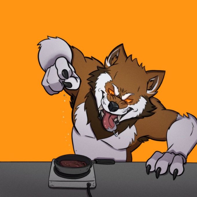 Cartoon illustration of a brown and white wolf-like furry character drooling while cooking a steak on an electric stove against an orange background.