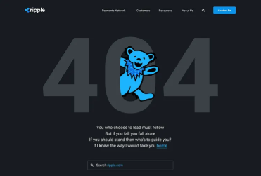 A 404 error page on the Ripple website (ripple.com) featuring their blue bear mascot and the tagline "You gotta change to lead must follow / But if you fall you fall alone," shared in connection with excitement about the XRP token.