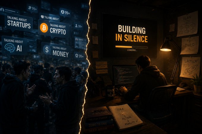 A split-screen illustration contrasting two scenes: on the left, a crowd discussing trending topics like 'TALKING ABOUT STARTUPS,' 'CRYPTO,' 'AI,' and 'MONEY,' and on the right, a person working alone in a dimly lit room with a monitor displaying 'BUILDING IN SILENCE' and sticky notes labeled 'PLAN,' 'BUILD,' and 'LAUNCH.'