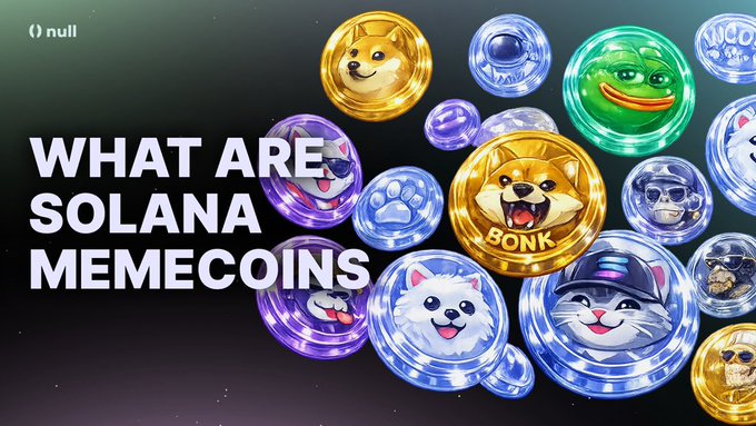 A promotional image with text 'WHAT ARE SOLANA MEMECOINS' alongside various cryptocurrency coin illustrations featuring meme characters like Shiba Inu (BONK), Pepe, Wojak, and others.
