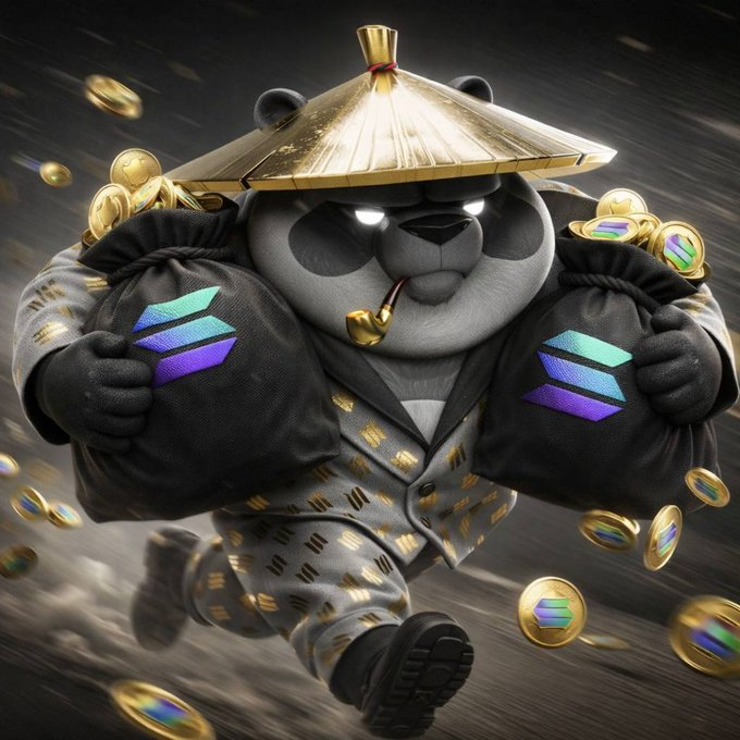 A panda wearing a traditional Asian conical hat and a gold-patterned suit runs forward carrying two black money bags emblazoned with the Solana (SOL) logo, while gold Solana coins rain down around it. The image visually reinforces the post's message about steadily pursuing crypto gains ("chasing the bag") with Solana-themed wealth and a calm, focused approach ("GM and Namaste").