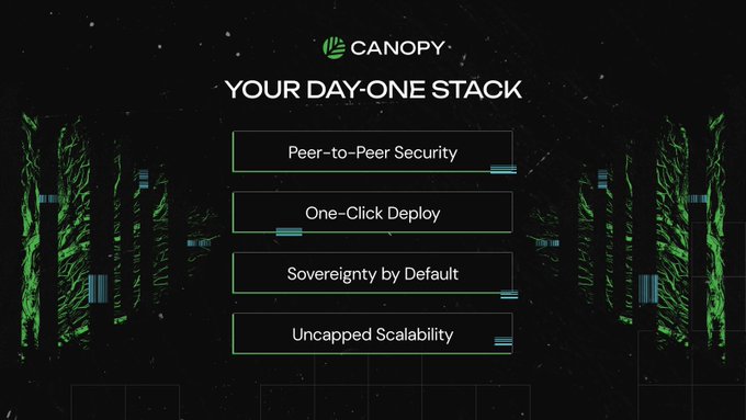The image displays the CANOPY (CNPY) logo with the headline "YOUR DAY-ONE STACK," highlighting four key features: Peer-to-Peer Security, One-Click Deploy, Sovereignty by Default, and Uncapped Scalability, all set against a dark background with green circuit-like graphics. This visual reinforces the post's message about CNPY Network transforming blockchain security from an isolated, chain-by-chain problem into a shared foundational layer that new chains can launch with from day one.