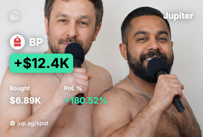 Two shirtless men holding microphones with overlay text showing stock trading gains: 'BP +$12.4K', 'Bought $6.89K', 'PnL % +180.52%', and a 'Jupiter' logo, with a link to 'jup.ag/spot'.