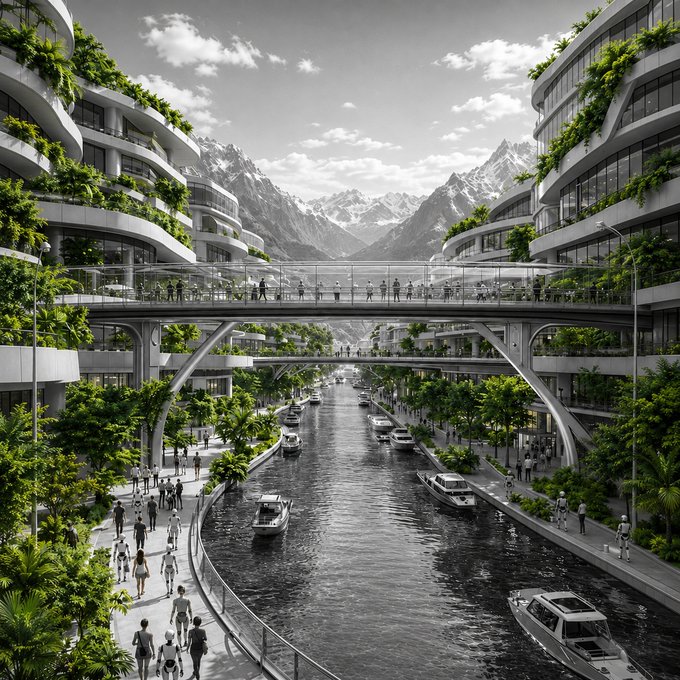 A breathtaking vision of a futuristic, lush green city with curved buildings lining a bustling waterway, connected by a pedestrian bridge beneath majestic snow-capped mountains—poetically illustrating the idealistic "abundance" and harmony one might hope to find upon opening X (formerly Twitter) today.
