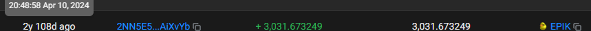 A screenshot showing "$EPIK" (epikmemecoin) at $3,031.673249 on April 10, 2024, with a timestamp indicating it was created 2 days, 10 hours, 36 minutes ago, reflecting the early-stage launch of the new token.