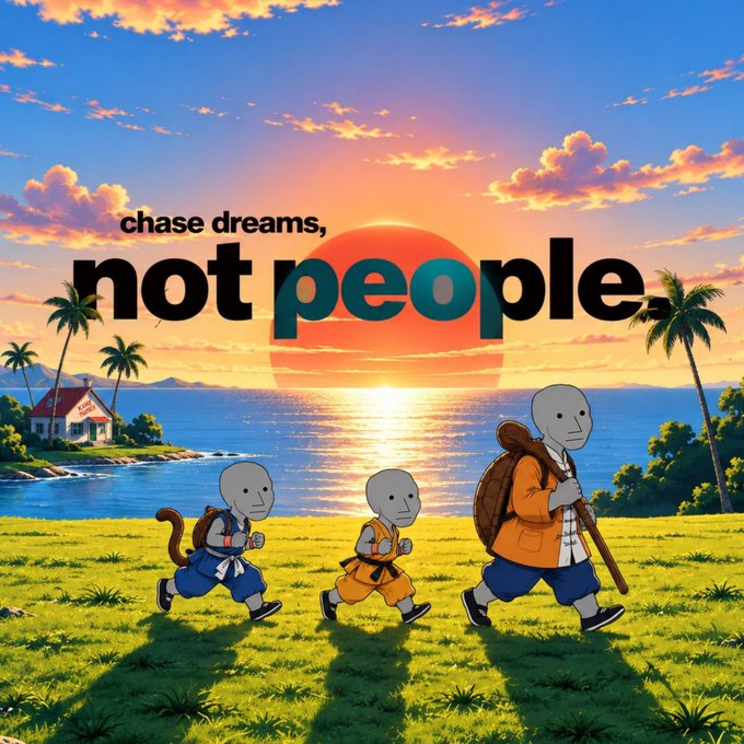 An inspirational anime-style illustration featuring characters walking toward a sunset with palm trees and ocean, overlaid with the text "chase dreams, not people."