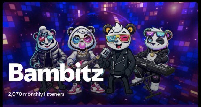 An illustration of four cartoon panda-like characters in streetwear with sunglasses and accessories, labeled 'Bambitz' with '2,070 monthly listeners' displayed below.