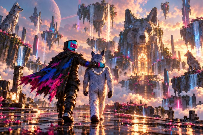 A fantasy digital artwork showing an armored character with a colorful tattered cape walking alongside a wolf, with a giant wolf statue and floating islands in the background.