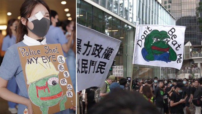 A protester wears an eye patch and holds a sign reading "Police Shot MY EYE" featuring a bleeding Pepe the Frog illustration, while a nearby flag displays a weeping Pepe with "Don't Beat Me" text—directly tying the $PEPE meme token to themes of protest and solidarity.