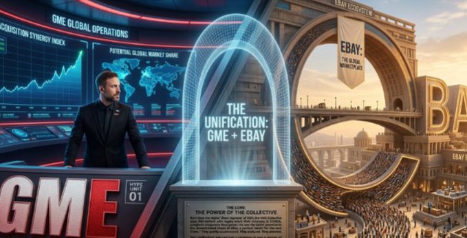 The image features an advertisement for a company called Gme that sells video games. The ad includes a man standing next to a large banner with the words "GME" written on it, as well as some text about the company's operations. The background of the ad is filled with various elements related to the gaming industry, such as a TV screen displaying a game and a person playing the game.

The main focus of the image is the man standing next to the banner, which reads "The Unification: Gme + Ebay." This suggests that the company is offering a deal for gamers who want to sell their used games on Ebay in exchange for a cash reward. The ad also mentions that the longer they wait to take action, the less stock they will get when reaching an agreement with Ebay.