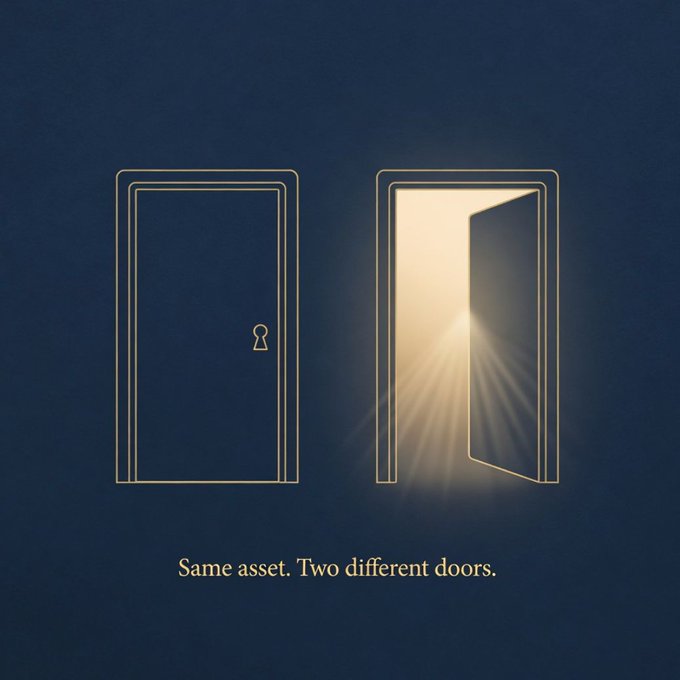 An illustration of two golden doors on a dark blue background, one closed with a lock and one open with light streaming through, captioned 'Same asset. Two different doors.'