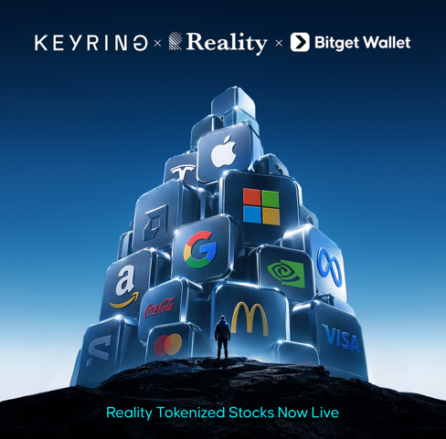 A promotional graphic for 'KEYRING × Reality × Bitget Wallet' showing a pyramid of cubes featuring logos of major companies like Apple, Google, Microsoft, McDonald's, Amazon, Coca-Cola, NVIDIA, and VISA, with the text 'Reality Tokenized Stocks Now Live' at the bottom.