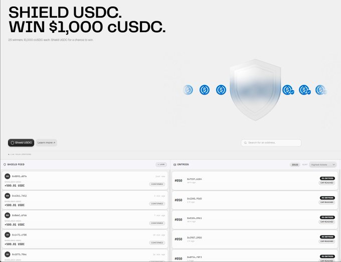 The image shows an advertisement promoting a Shield USDC campaign. It features two separate screens displaying various aspects of the campaign. The first screen focuses on an image of a shield with blue squares, while the second screen provides information about the campaign for a total of 13 hours remaining before the clock runs out. Additionally, there are buttons on both screens that direct users to "shield $1,000 cUSDC". The post emphasizes that there is only 1 day left to join the Shield campaign and offers participants the chance to win up to $25,000 by locking their USDC into it.