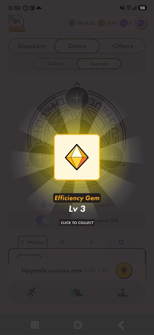A mobile game screenshot showing an 'Efficiency Gem Lv 3' collectible item with a 'CLICK TO COLLECT' prompt, set against a darkened background with sneaker and gear categories visible.