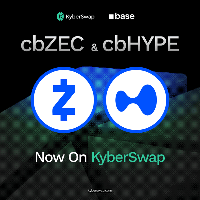A promotional graphic from KyberSwap on the Base network announcing that 'cbZEC & cbHYPE' are 'Now On KyberSwap' with logos for both tokens.