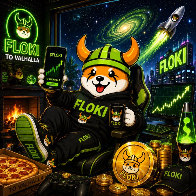 An illustration of the Shiba Inu 'FLOKI' mascot wearing a viking helmet and black clothing, holding a phone showing '$FLOKI TO VALHALLA', surrounded by FLOKI branded merchandise, gold coins, a pizza, and crypto-related graphics.